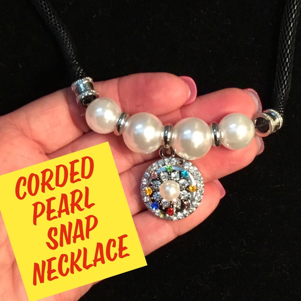 Black Corded Faux Pearl Snap Necklace & 18mm Snap